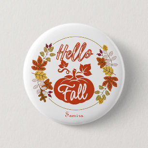 Badge Rond 5 Cm Bonjour Automne Feuilles Citrouille Thanksgiving N
