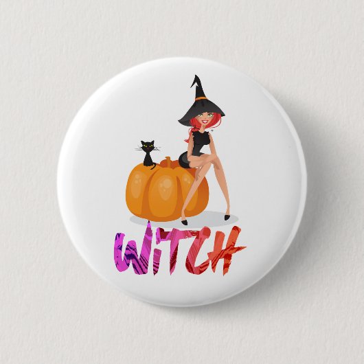 Badge Rond 5 Cm Bonne sorcière d'Halloween sur Citrouille (Devant)