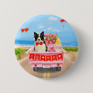Badge Rond 5 Cm Bordure Collie Chien Saint Valentin Coeurs de cami