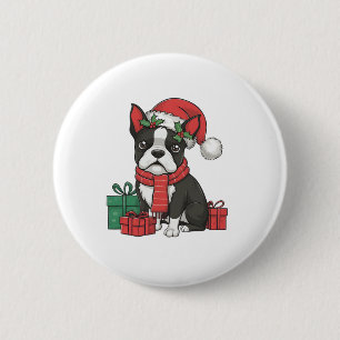 Badge Rond 5 Cm Boston Terrier Chien Noël Fêtes de Noël Père Noël