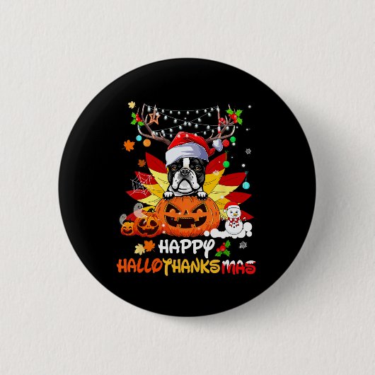 Badge Rond 5 Cm Boston Terrier Dog Halloween And Merry Christmas (Devant)