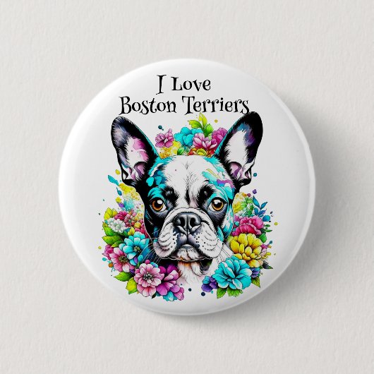 Badge Rond 5 Cm Boston Terrier et Fleurs (Devant)