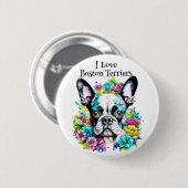 Badge Rond 5 Cm Boston Terrier et Fleurs (Devant & derrière)