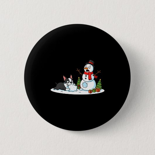 Badge Rond 5 Cm Boston Terrier Snowman Christmas Tree Xmas Womens (Devant)