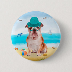 Badge Rond 5 Cm Bouledogue anglais sur la plage