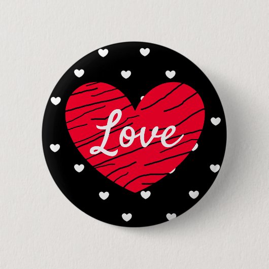 Badge Rond 5 Cm Bouton Amour Coeurs Noir, Rouge et Blanc (Devant)