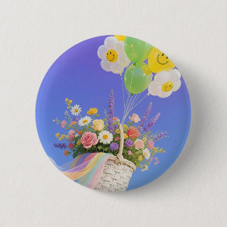 Badge Rond 5 Cm Bouton Ballons et Panier à fleurs - Billet cadeau