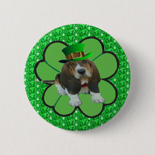 Badge Rond 5 Cm Bouton Basset Hound Happy St Patrick's Day Clover