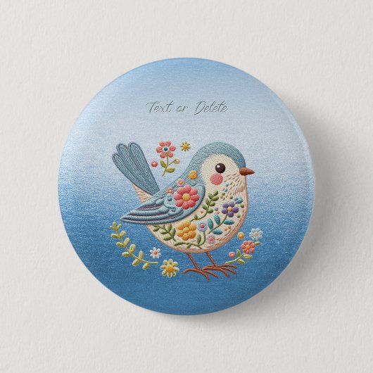 Badge Rond 5 Cm Bouton bleu Little Bird Floral Broderie (Devant)