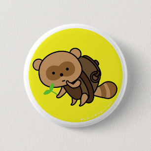 Badge Rond 5 Cm Bouton - bouilloire Tanuki avec le feuille - jaune