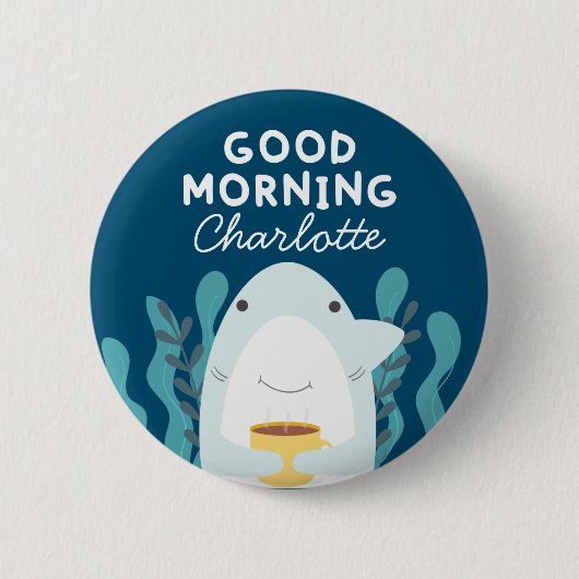 Badge Rond 5 Cm Bouton Café Requin avec nom (Devant)