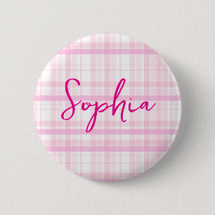 Badge Rond 5 Cm Bouton carreau rose personnalisé avec nom