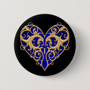 Badge Rond 5 Cm Bouton Coeur Filigree Bleu