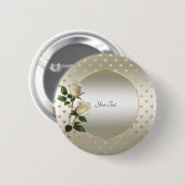 Badge Rond 5 Cm Bouton Coeurs or Roses blanches (Devant & derrière)