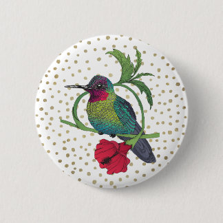Badge Rond 5 Cm Bouton Colibri Bird Illustration Gold Bronze Dots