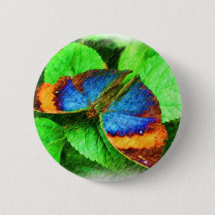 Badge Rond 5 Cm Bouton d'art au crayon à papillon bleu