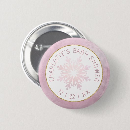 Badge Rond 5 Cm Bouton de Baby shower de flocons de neige rose (Devant & derrière)