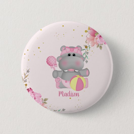 Badge Rond 5 Cm Bouton de Baby shower Hippo floral mignon personna (Devant)