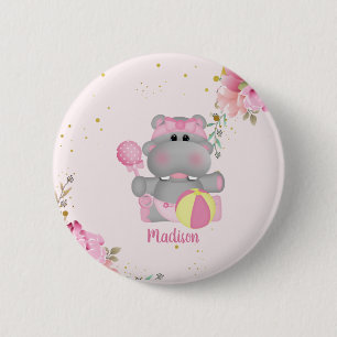 Badge Rond 5 Cm Bouton de Baby shower Hippo floral mignon personna