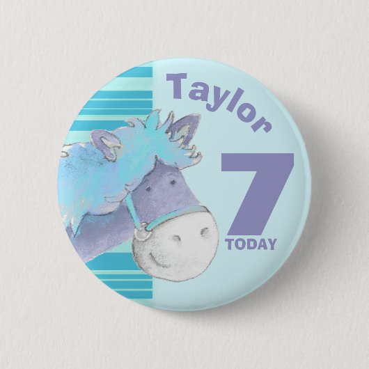 Badge Rond 5 Cm Bouton de bleu d'anniversaire d'enfants de cheval (Devant)