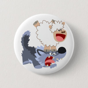 Badge Rond 5 Cm Bouton de caricature jouant mignon mouton et loup 
