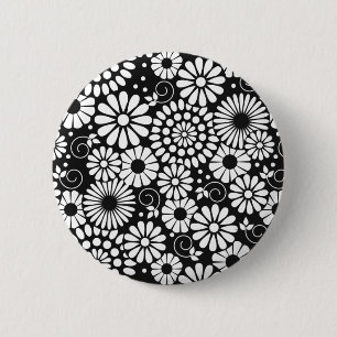 Badge Rond 5 Cm Bouton de fleurs blanches noir rétro