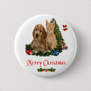 Badge Rond 5 Cm bouton de Noël chaton et chiot