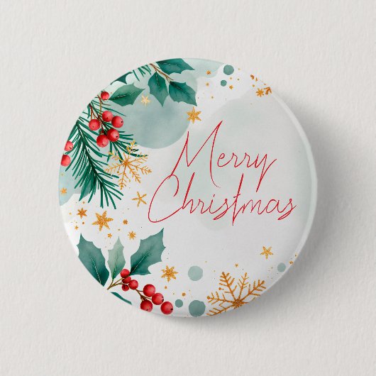 Badge Rond 5 Cm Bouton de Noël Joyeux Aquarelle - Feuilles de vaca (Devant)