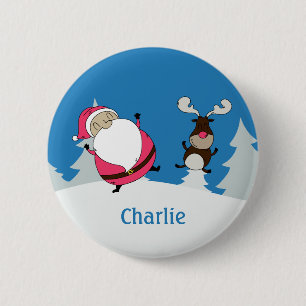 Badge Rond 5 Cm Bouton de nom personnalisé Cute Père Noël & Rei