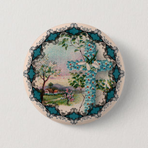 Badge Rond 5 Cm Bouton de Pâques à croix de fleur bleue