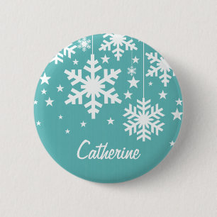 Badge Rond 5 Cm Bouton des flocons de neige et des étoiles, Aqua