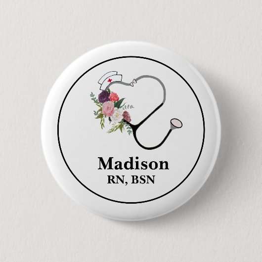 Badge Rond 5 Cm Bouton d'infirmière Stéthoscope avec fleurs (Devant)