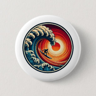 Badge Rond 5 Cm Bouton d'onde du coucher de soleil du surfeur
