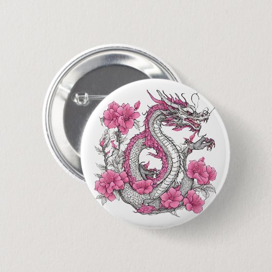 Badge Rond 5 Cm Bouton Dragon Fleur (Devant & derrière)