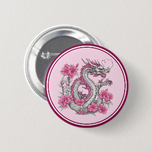 Badge Rond 5 Cm Bouton Dragon Fleur