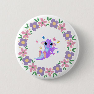Badge Rond 5 Cm Bouton Dragon Fleur