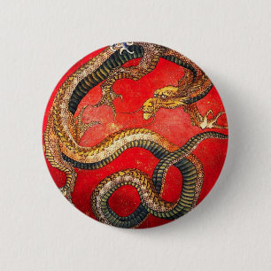 Badge Rond 5 Cm Bouton Dragon japonais d'or Hokusai