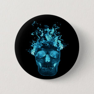 Badge Rond 5 Cm Bouton du crâne à flammes bleues