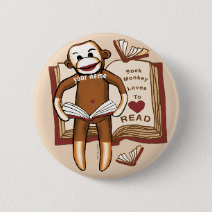 Badge Rond 5 Cm Bouton épinglé Singe de chaussette lisant
