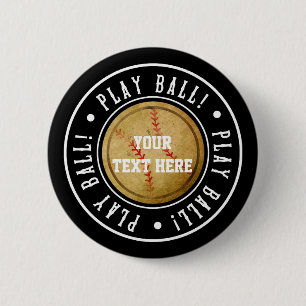 Badge Rond 5 Cm Bouton épinglette de fête PLAY BALL noir BASE-BALL