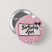 Badge Rond 5 Cm Bouton Fille Anniversaire Noir, blanc et rose Bow (Devant & derrière)