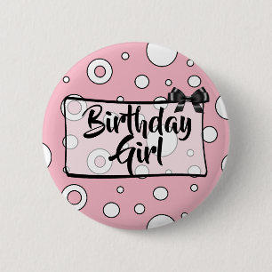 Badge Rond 5 Cm Bouton Fille Anniversaire Noir, blanc et rose Bow