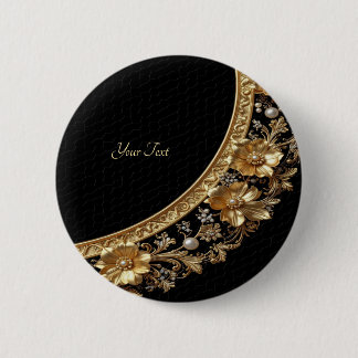Badge Rond 5 Cm Bouton Fleurs Ornementales Dorées