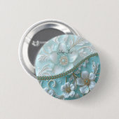 Badge Rond 5 Cm Bouton floral blanc sarcelle (Devant & derrière)