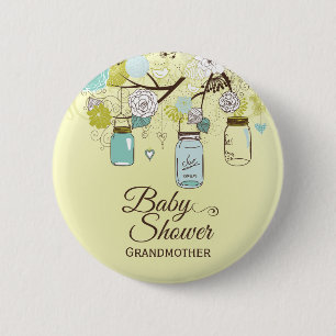 Badge Rond 5 Cm Bouton floral bleu chic de baby shower de pot de