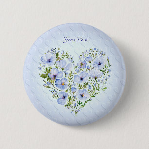 Badge Rond 5 Cm Bouton Floral Coeur Bleu