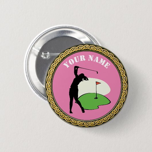 Badge Rond 5 Cm Bouton - Golf - Ajouter un nom - rose (Devant & derrière)