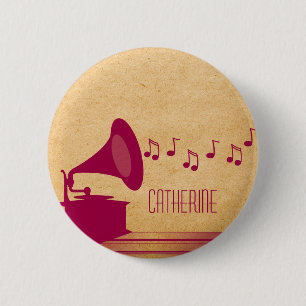 Badge Rond 5 Cm Bouton Gramophone Vintage Fuchsia