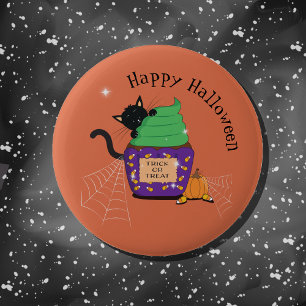 Badge Rond 5 Cm Bouton Halloween Chat Noir Orange