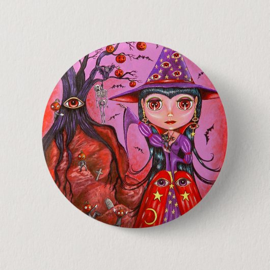 Badge Rond 5 Cm Bouton Halloween Sorcière (Devant)